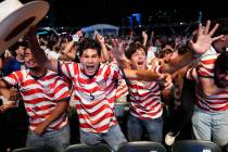 Fans, including Caleb Triana, center left, celebrate the United States scoring its second goal ...