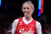 Indiana Fever guard Sophie Cunningham celebrates after a three-point basket against the Atlanta ...