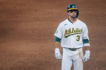 Athletics third baseman Max Muncy during a MLB baseball game against the Colorado Rockies at La ...