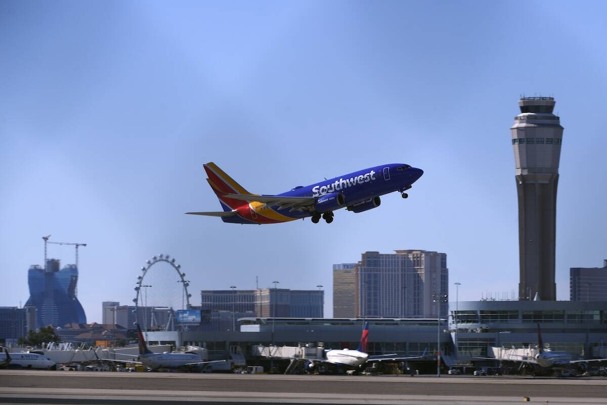 A Southwest Airlines jet takes off from Harry Reid International Airport Thursday, July 30, 202 ...