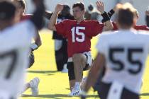 Raiders backmost   Fernando Mendoza (15) stretches during an NFL shot   grooming  campy  practi ...