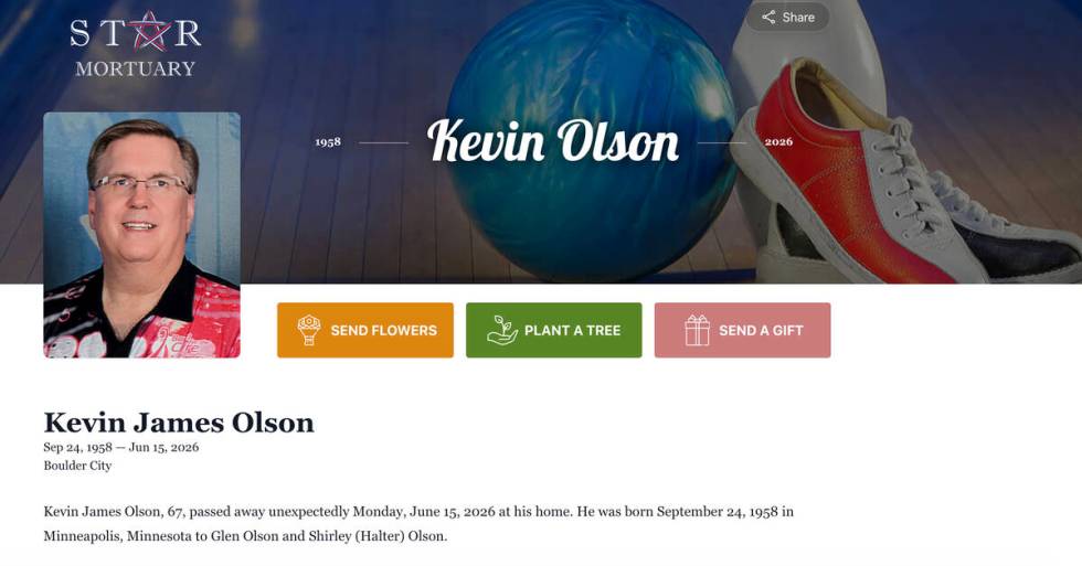 A screenshot of Kevin Olson's online obituary.