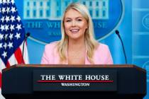FILE - White House press secretary Karoline Leavitt speaks with reporters in the James Brady Pr ...