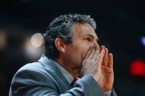 UNLV head coach Josh Pastner yells to players from the sidelines during the men’s basketball ...