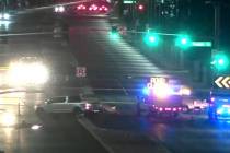 Police investigate a hit-and-run crash Sunday, Aug. 23, 2026, at South Nellis Boulevard and Eas ...