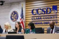 Clark County School District Board President Emily Stevens kicks off a CCSD board meeting on Th ...