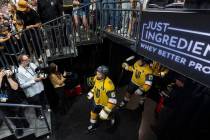 Golden Knights right wing Mark Stone (61) heads to the ice to warm up before facing the Carolin ...