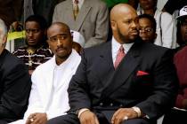 Rapper Tupac Shakur, left, and Death Row Records Chairman Marion Suge Knight, attend a voter re ...