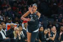 Aces center A'ja Wilson (22) celebrates a three-pointer during the first half of the game on Fr ...