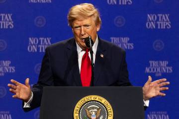 President Donald Trump speaks during an event at Red Rock Resort on Wednesday, August 5, 2026, ...