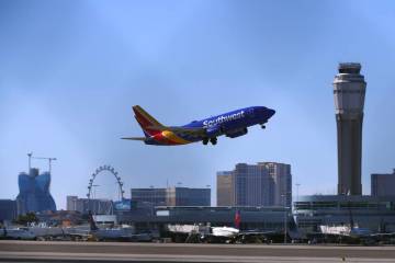 A Southwest Airlines jet takes off from Harry Reid International Airport Thursday, July 30, 202 ...