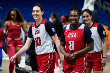 Breanna Stewart (10) and Chelsea Gray (8) of United States attend a training session ahead of t ...