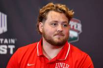 UNLV offensive lineman Austin Boyd speaks during the first day of Mountain West media day at th ...