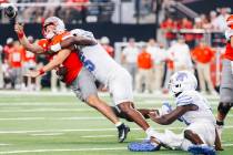 Rebels quarterback Jackson Arnold (11) is sacked during an NCAA football game against the Memph ...