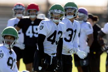 Raiders safety Dalton Johnson (43) and Treydan Stukes (31) on the field during an NFL football ...