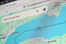 In the photo of a computer screen, a Google map showing Lake Ontario renamed as Lake America is ...