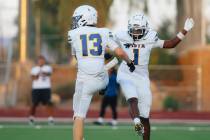 Sierra Vista wide receiver Jayden Fletcher (1) and teammate Colton Lemoine (13) celebrate durin ...