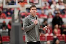 Washington State football head coach Kirby Moore speaks during the first half of an NCAA colleg ...
