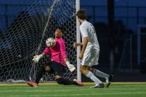 Eldorado goalkeeper Johnny Valeriano (50) blocks a shot on goal by Palo Verde during the soccer ...