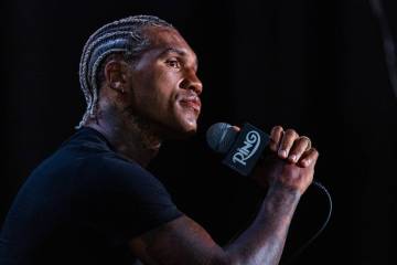 Welterweight boxer Conor Benn speaks to the media during a press conference at UFC Apex on Wedn ...