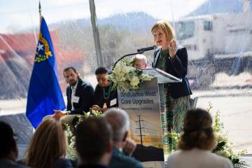 Rep. Susie Lee, D-Nev., speaks during a groundbreaking ceremony for GridLiance West, which will ...