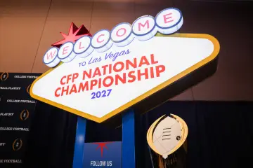 The College Football Playoff Trophy is displayed during a news conference and kickoff reception ...