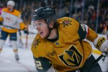 Golden Knights right wing Braeden Bowman (42) skates after the puck during the third period of ...