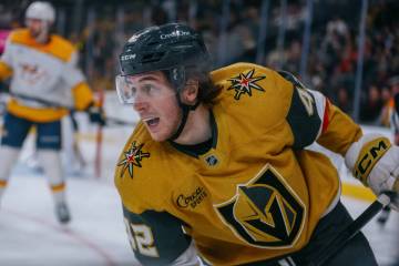 Golden Knights right wing Braeden Bowman (42) skates after the puck during the third period of ...