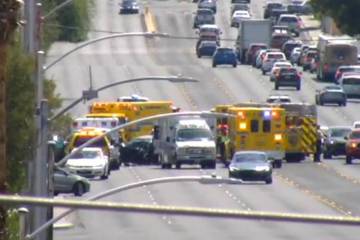 Police investigate a two-vehicle crash Tuesday, Aug. 18, 2026, on South Eastern Avenue south of ...