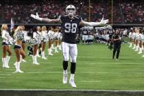 Raiders defensive end Maxx Crosby (98) is introduced before the start of a preseason NFL game a ...