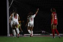 Arbor View scores against Coronado during a high school soccer game at Coronado High School on ...