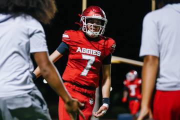 Arbor View quarterback Thaddeus Thatcher (7) celebrates an earned touchdown during the first ha ...