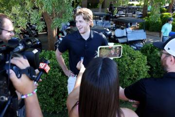 Forward and right wing Braeden Bowman talks to the media during the 2026 Vegas Golden Knights G ...