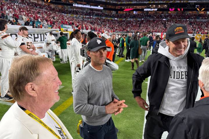 Raiders primary owner Mark Davis (left) stands with minority owners Egon Durban (center) and To ...