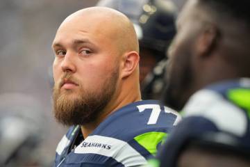 Seattle Seahawks guard Bryce Cabeldue looks on during a preseason NFL football game against the ...