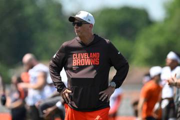 Cleveland Browns head coach Todd Monken looks on during a mandatory minicamp session at CrossCo ...