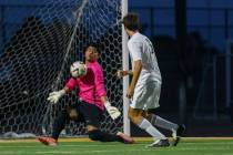 Eldorado goalkeeper Johnny Valeriano (50) blocks a shot on goal by Palo Verde during the soccer ...