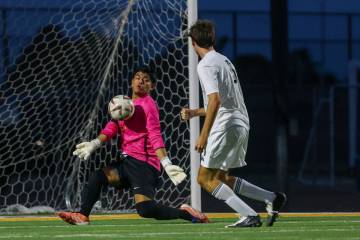 Eldorado goalkeeper Johnny Valeriano (50) blocks a shot on goal by Palo Verde during the soccer ...