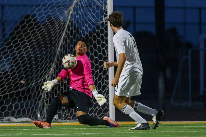 Eldorado goalkeeper Johnny Valeriano (50) blocks a shot on goal by Palo Verde during the soccer ...