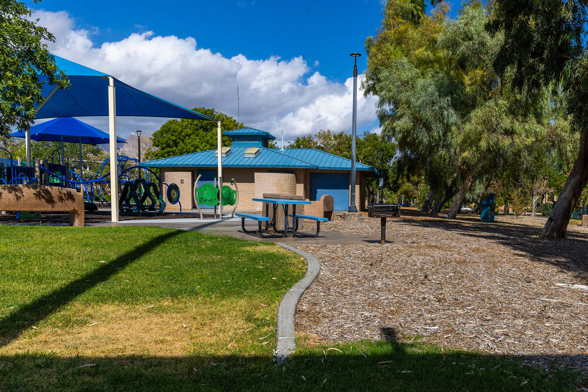 A concrete border separates remaining grass from a wood chip area at Bruce Trent Park in Las Vegas on September 17, 2026