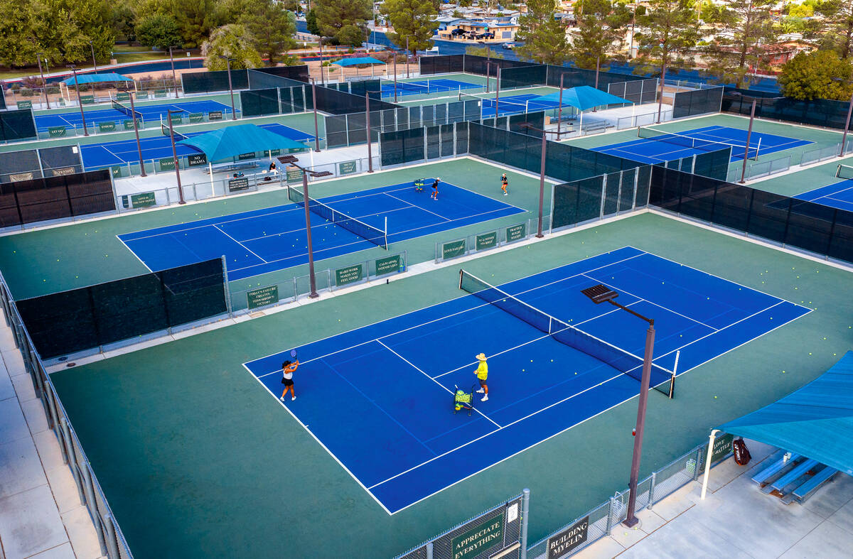 People playing pickleball on the courts at Lorenzi Park in Las Vegas on September 17, 2026, where new pickleball courts are part of the grass conversion