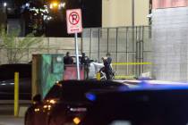 Las Vegas police investigate a homicide on Friday, April 10, 2026, near the corner of Missouri ...