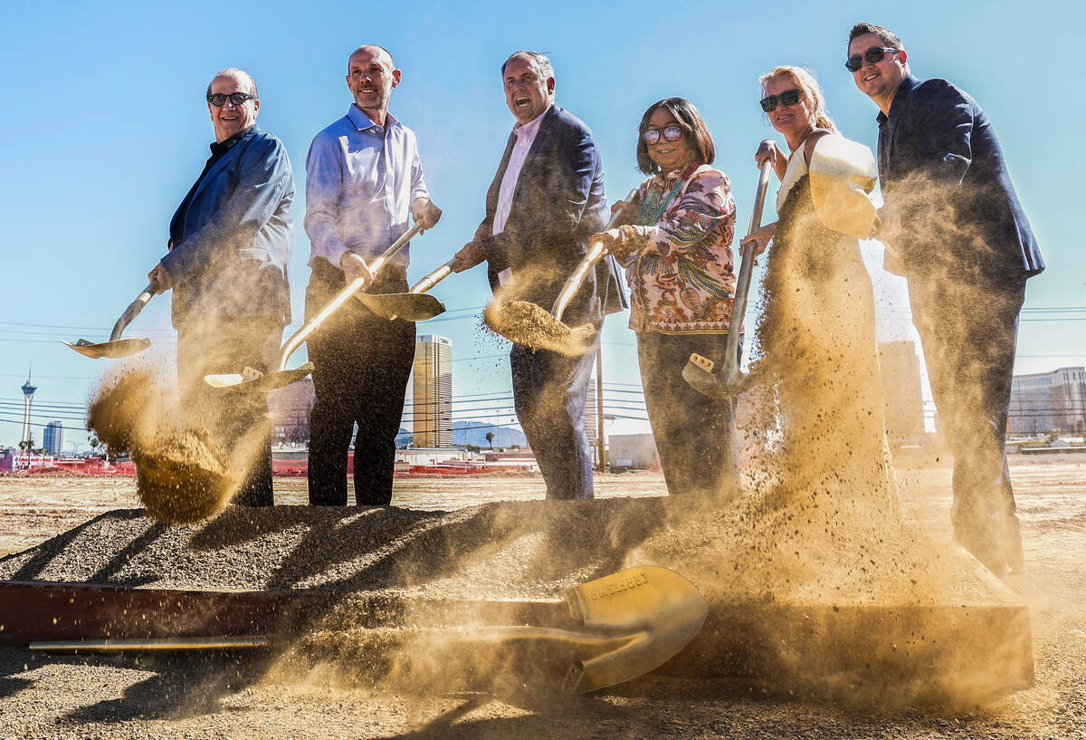 Guests toss dirt with golden shovels at the Jewel apartment groundbreaking at 3588 S. Valley View Blvd. in Las Vegas Chinatown on Sept. 22, 2026