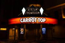 Signage for comedian Carrot Top is seen at the Atrium Showroom at Luxor on Monday, Sept. 21, 20 ...
