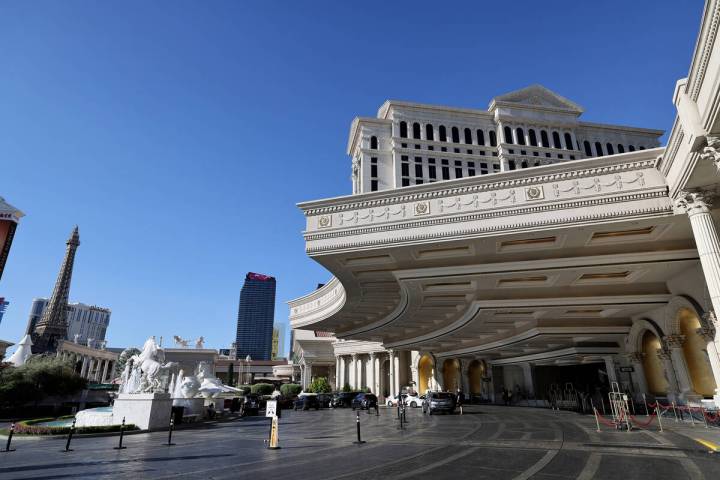 The porte cochere at Caesars Palace is shown on the Strip in Las Vegas Saturday, Aug 1, 2026. T ...