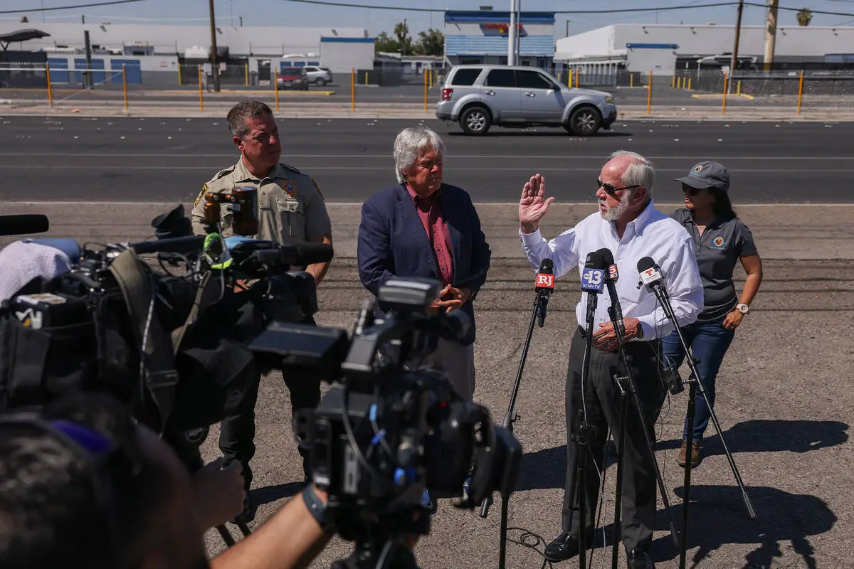 Denis Cederburg speaking at a May 2026 Clark County media event about Boulder Highway safety, from the Las Vegas Review-Journal