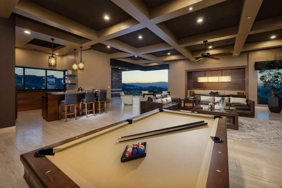 Games room with a billiards table inside the $24.5 million Empire Estate in Henderson