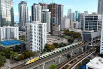 A train departs the Brightline MiamiCentral Station on Saturday, Jan. 17, 2026, in Miami. (L.E. ...