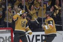 Golden Knights right wing Mark Stone (61) celebrates his goal against the Carolina Hurricanes w ...