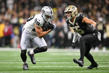 Las Vegas Raiders tight end Brock Bowers (89) gains yards after a catch as New Orleans Saints l ...